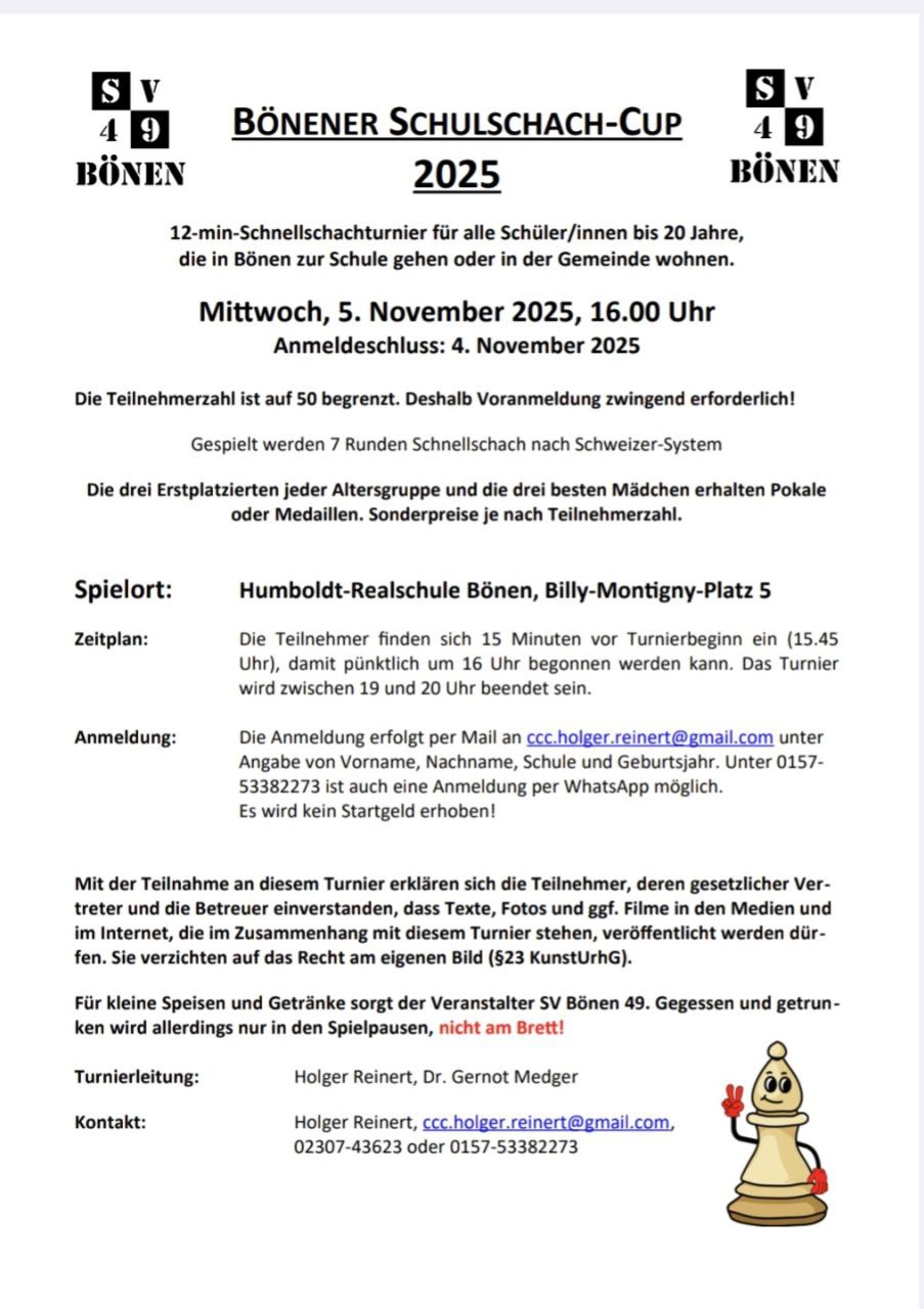 Einladung zum Bönener Schulschach-Cup 2
