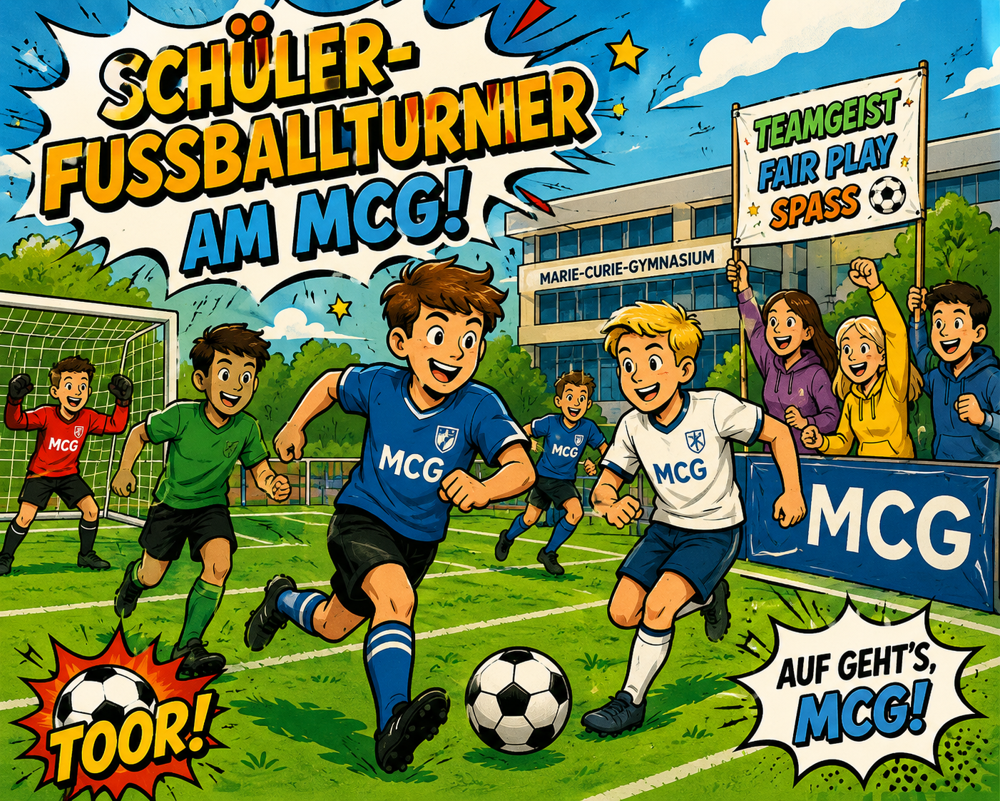 Fußball, Teamgeist und großartige Stimmung prägten den heutigen Fußballtag am Marie-Curie-Gymnasium.