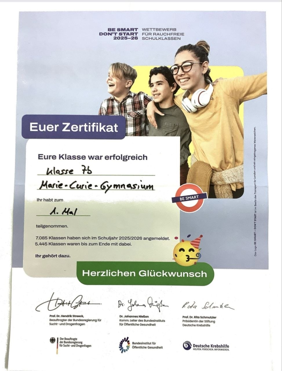 Klasse 7b erhält Zertifikat für erfolgreiche Teilnahme an „Be Smart – Don’t Start“